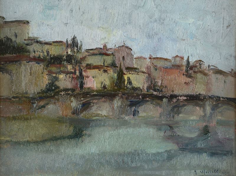 C. Martelli - Paesaggio con ponte, olio su compensato