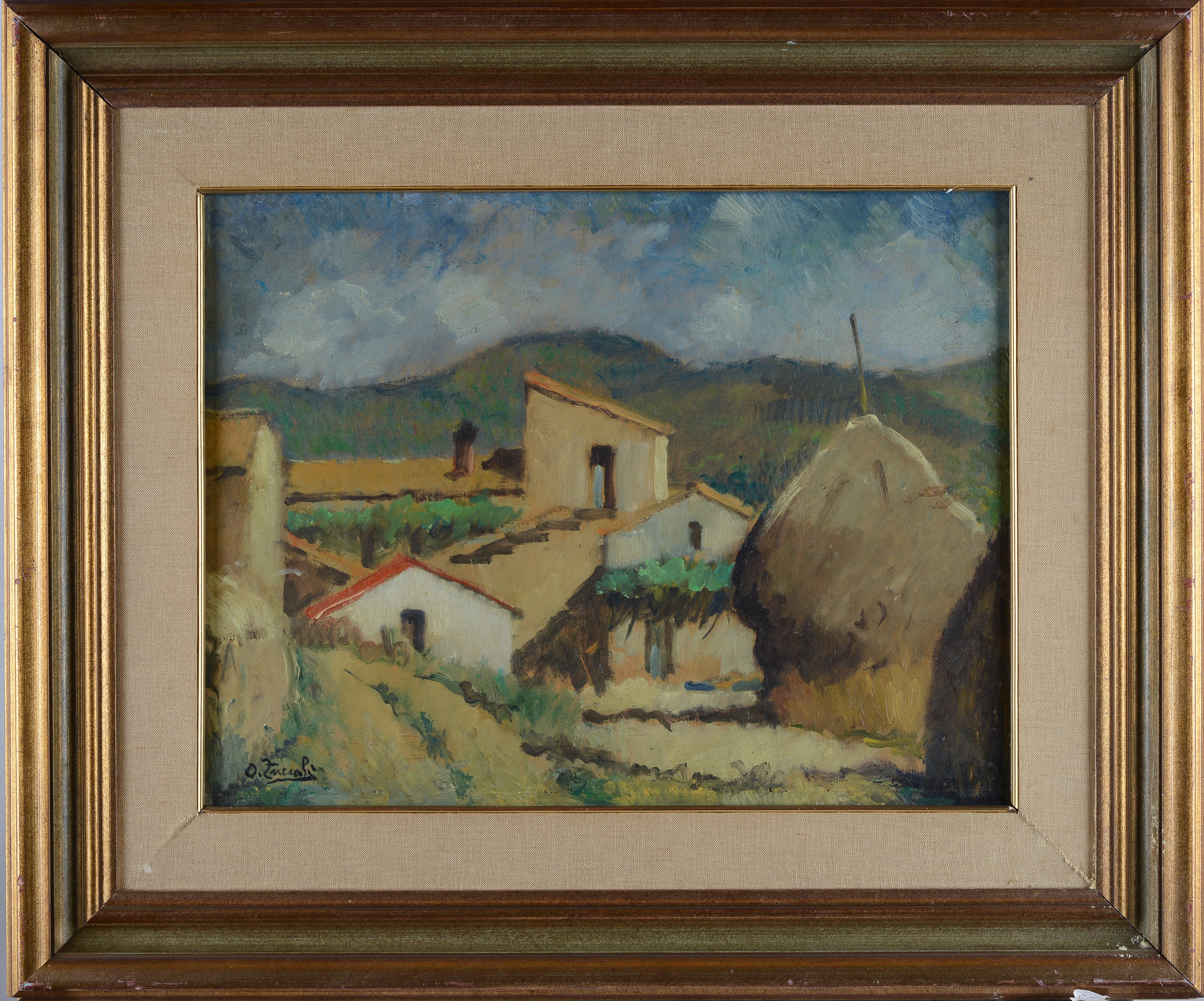 Oreste Zuccoli - Scorcio di villaggio, olio su compensato