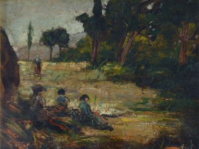 Anonimo, Figure all'aperto, olio su carone