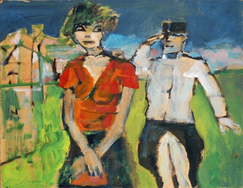 Mino Maccari - Il saluto di Von Stroheim, olio su tavola xilografica (sul retro)
