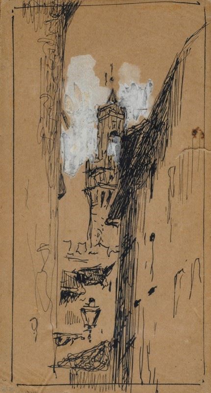 Anonimo, XIX sec. - Scorcio con Torre di Arnolfo