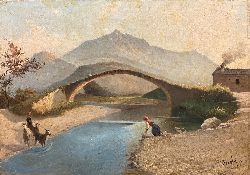 Paesaggio con ponte e pastorelle