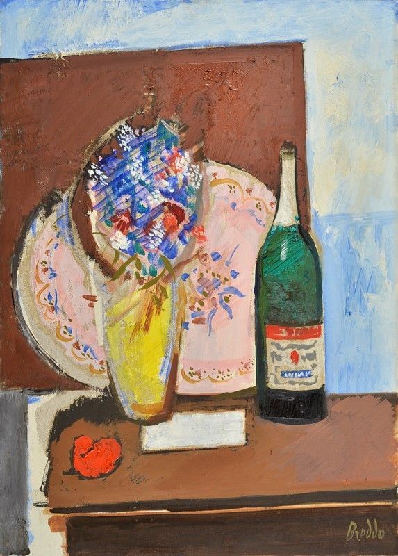 Natura morta con vaso di fiori e bottiglia