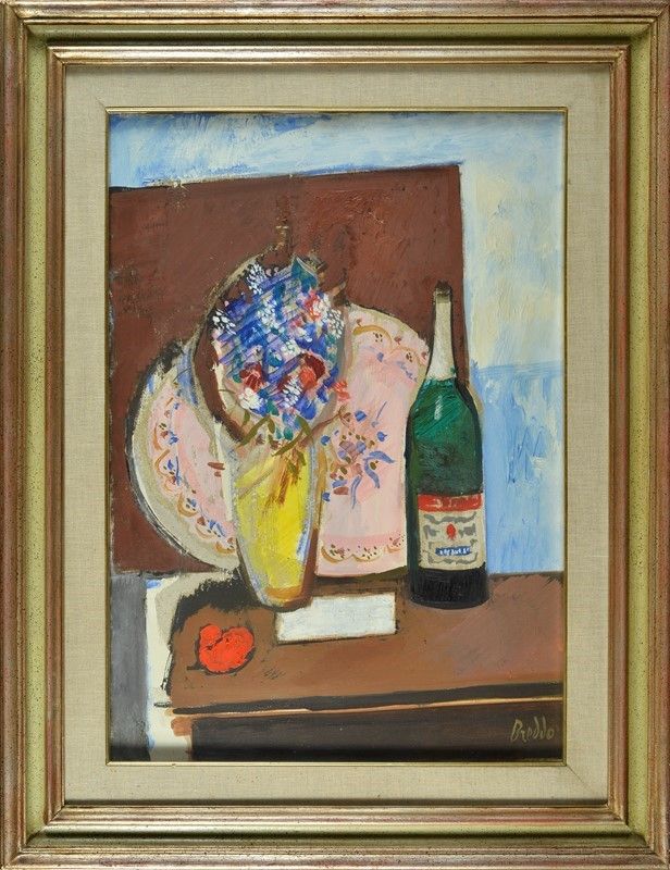 Natura morta con vaso di fiori e bottiglia