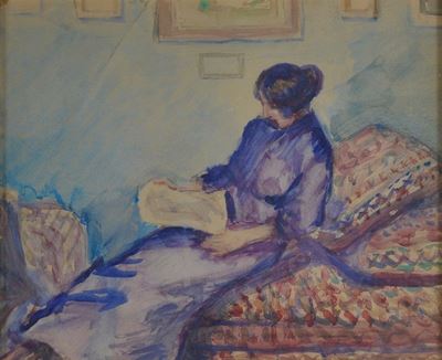 Anonimo del XX secolo, Donna che legge, acquerello su carta