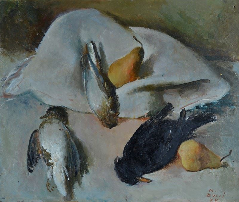 Mario Bucci - Natura Morta con Uccelli e Pere (fronte); Pesci (retro)