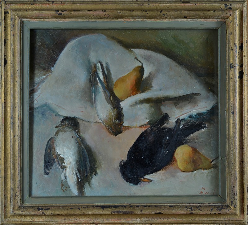 Mario Bucci - Natura Morta con Uccelli e Pere (fronte); Pesci (retro)
