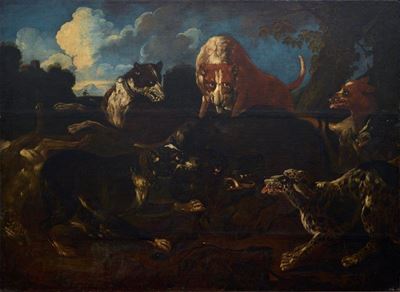 Scuola Italia Settentrionale, XVII-XVIII secolo, Caccia al cinghiale, olio su tela