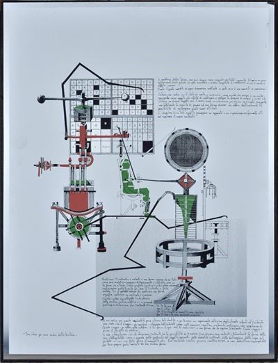 Due idee per una sedia della tortura, anodiserigrafia colorata a mano su lastra di alluminio anod...