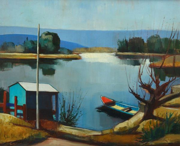 Silvio Polloni - Paesaggio con fiume e barca