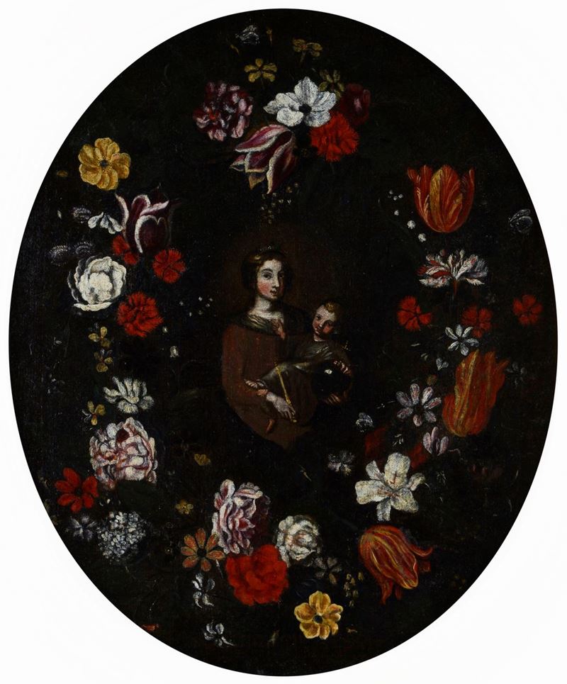 Anonimo, XVII Sec. - Madonna con Bambino Entro Ghirlanda di Fiori (ovale)