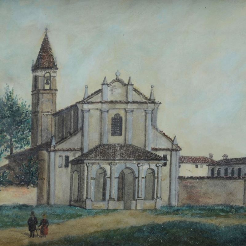 Anonimo, Inizi XIX Sec. - Anonimo (inizi XIX secolo), Paesaggio con chiesa e figure, tempera su c...