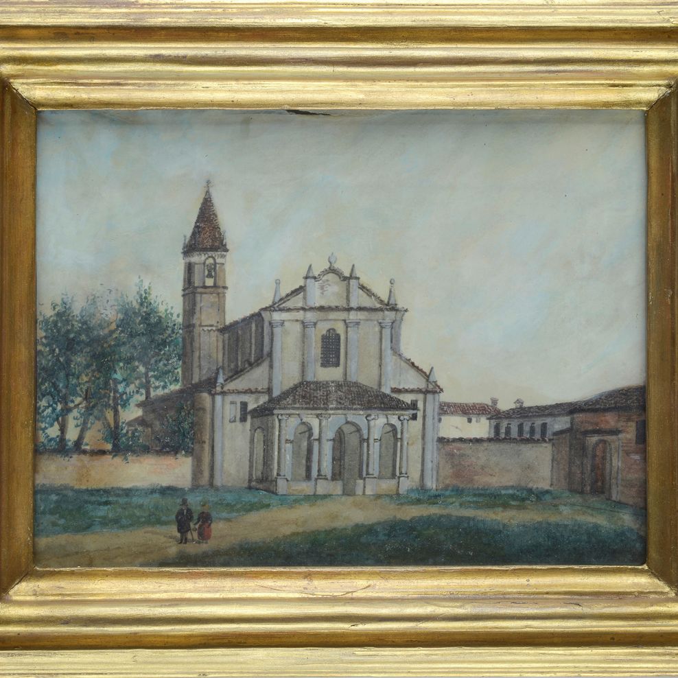 Anonimo, Inizi XIX Sec. - Anonimo (inizi XIX secolo), Paesaggio con chiesa e figure, tempera su c...