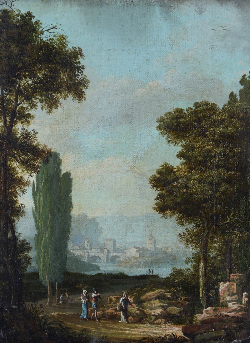 Scuola Veneta, Fine XVIII Sec. - Paesaggio con Figure e Città sullo Sfondo