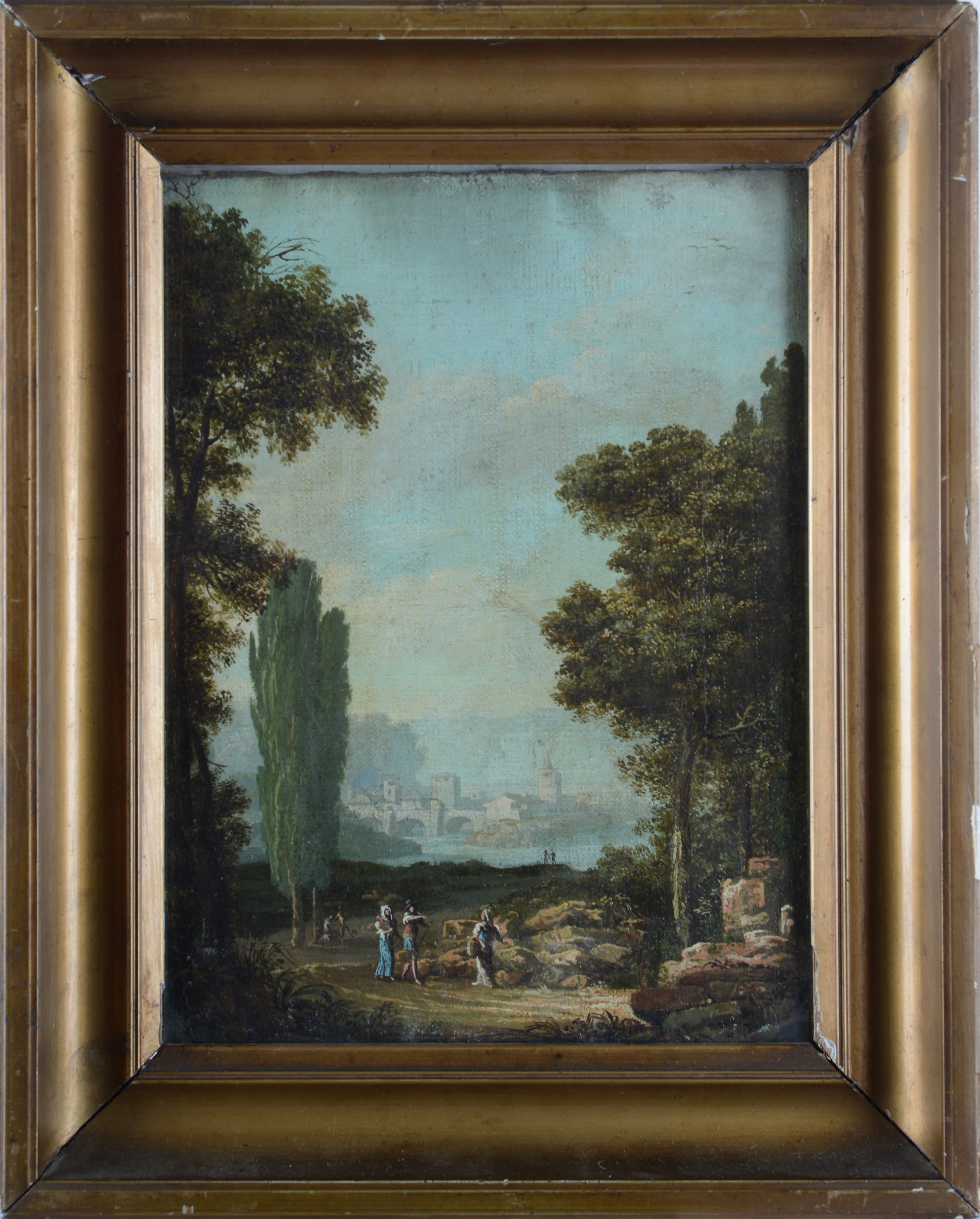 Scuola Veneta, Fine XVIII Sec. - Paesaggio con Figure e Città sullo Sfondo