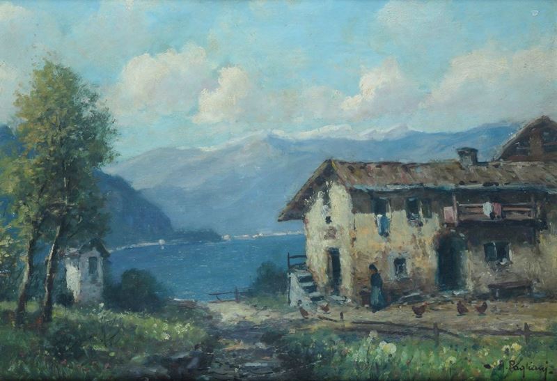 Paesaggio con cascina e lago