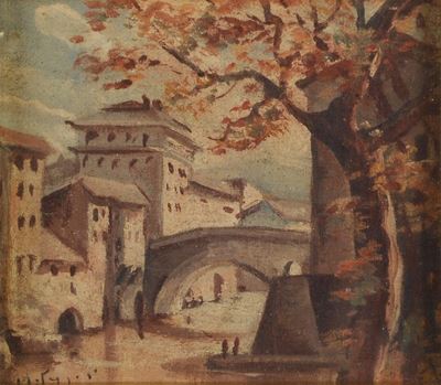 Anonimo del XX secolo, Scorcio di paese con ponte, olio su tela