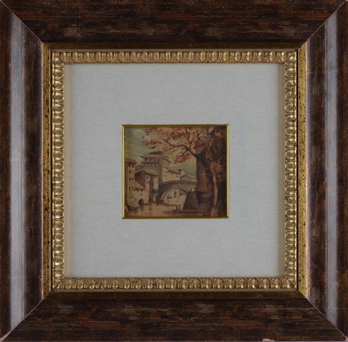 Anonimo, XX Sec. - Anonimo del XX secolo, Scorcio di paese con ponte, olio su tela