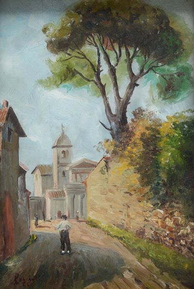 Strada di paese con chiesa sullo sfondo, olio su tavola