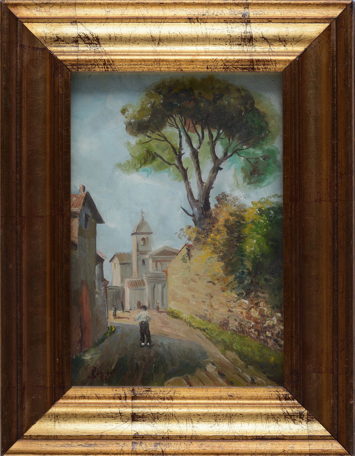 Mario Poggiali - Strada di paese con chiesa sullo sfondo, olio su tavola