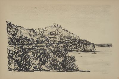 Paesaggio con ponte, litografia