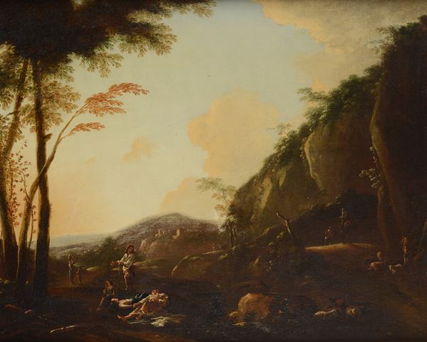 Scuola Romana, XVII - XVIII sec. - Paesaggio con figure