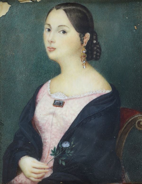 Scuola Europea, XIX sec. - Ritratto di giovane donna con fiore