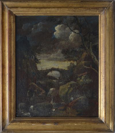 Paesaggio Olio su Tela Entro Cornice in Legno Dorato