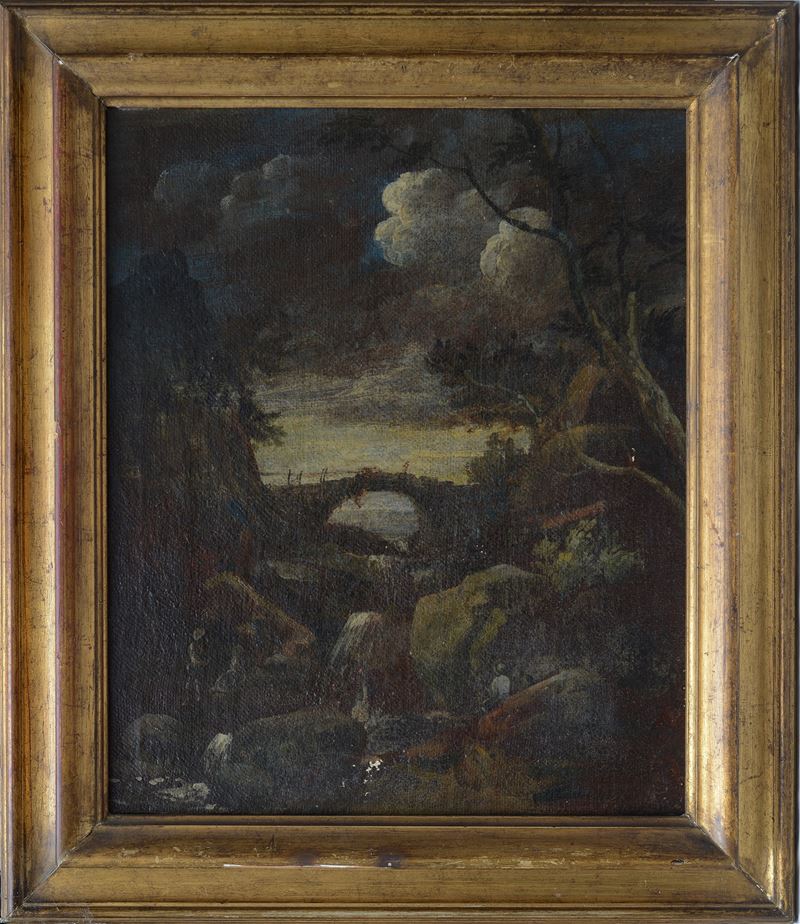 Anonimo, XVII Sec. - Paesaggio Olio su Tela Entro Cornice in Legno Dorato