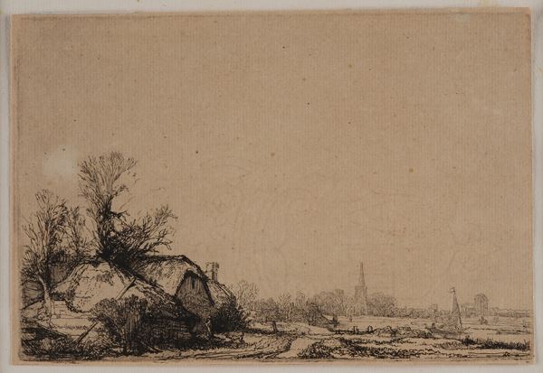 Cottage accanto a un canale con vista su Ouderkerk (da Rembrandt Harmenszoon van Rijn)  - Puntasecca - Asta STAMPE ANTICHE - Pananti Online
