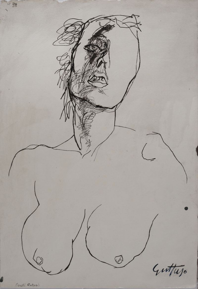 Renato Guttuso - Nudo Femminile (fronte) Schizzi di Figure (retro)