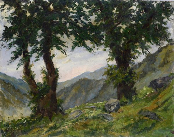 Vittorio Gussoni : Paesaggio con alberi  - Olio su faesite - Asta AUTORI DEL XIX E XX SEC - Pananti Online