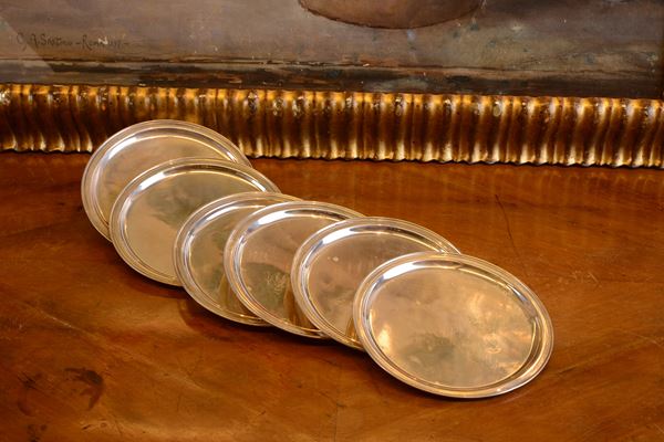 Serie di sei piattini portapane in argento
