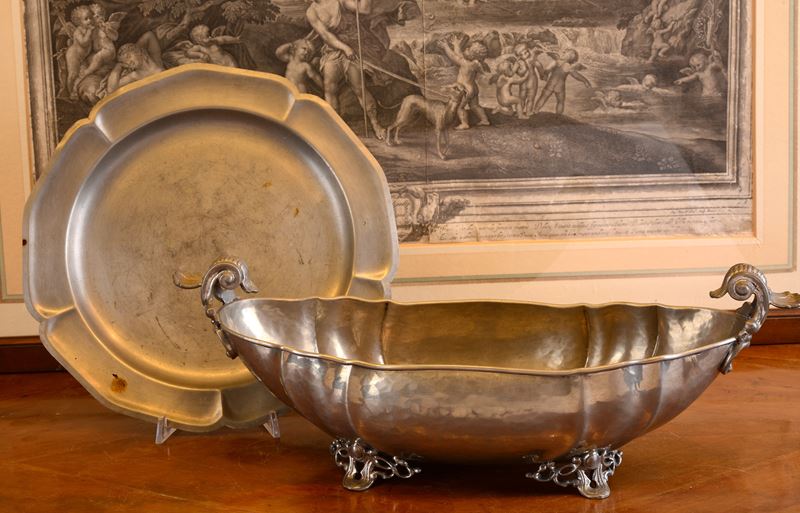 Centrotavola e piatto in peltro