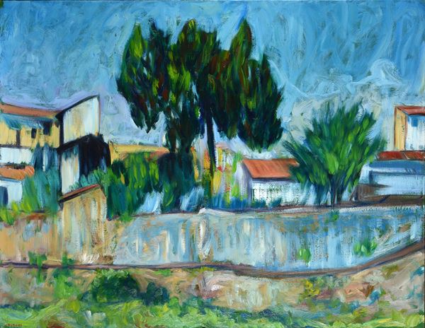 Giancarlo Caldini - Paesaggio con case e alberi