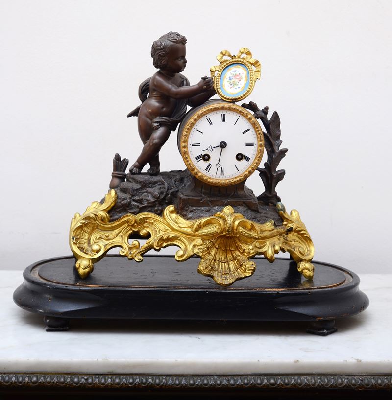 Orologio da Tavolo in Bronzo e Bronzo Dorato