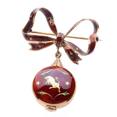 Spilla a Fiocco con Orologio in Smalto Rosso Mattone e Stellina