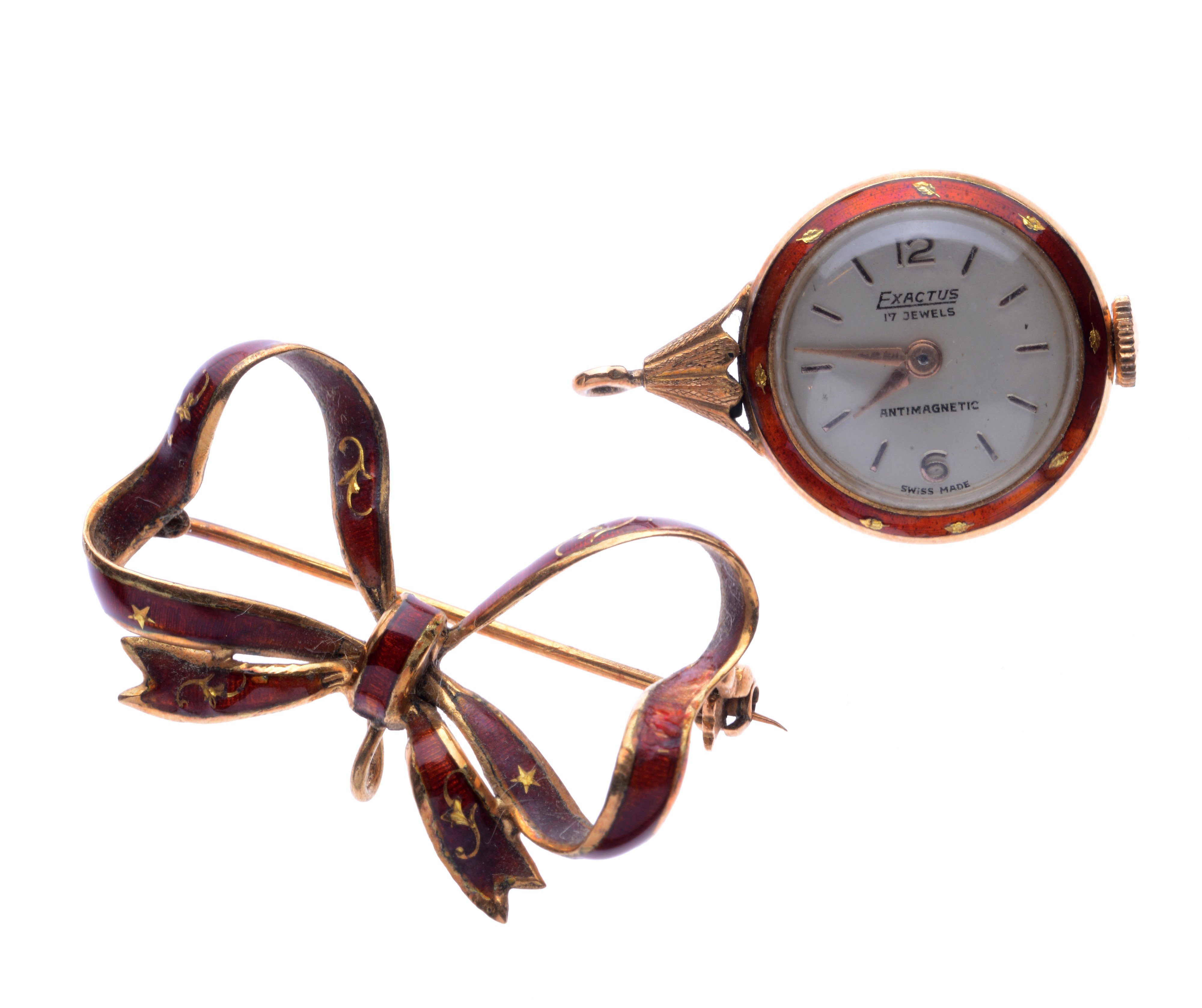 Spilla a Fiocco con Orologio in Smalto Rosso Mattone e Stellina