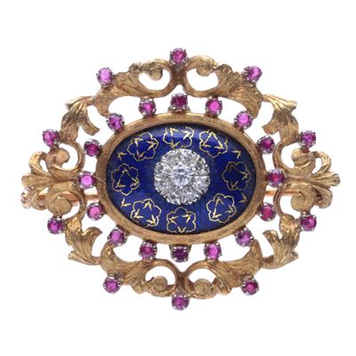 Spilla con Smalto Blu, Rubini e Diamanti.
