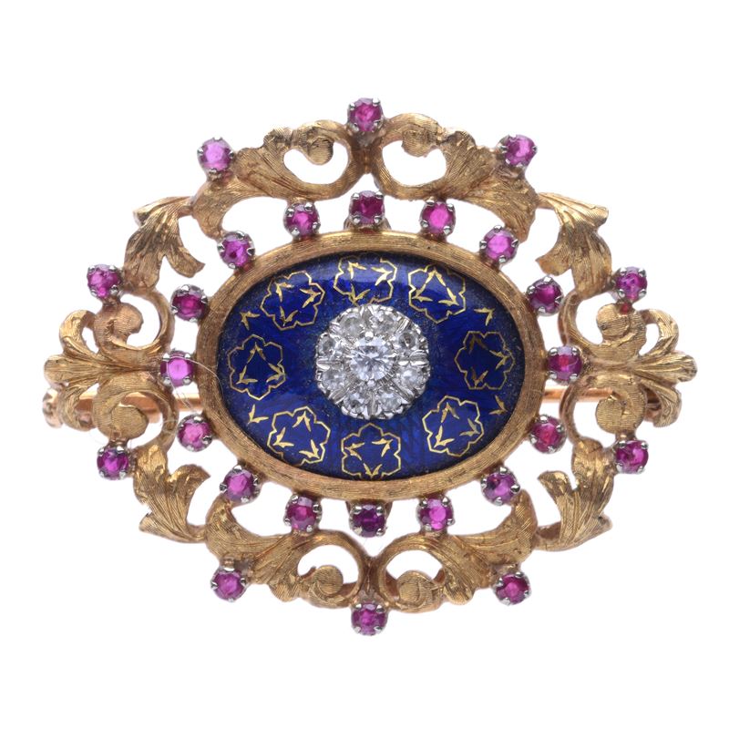 Spilla con Smalto Blu, Rubini e Diamanti.