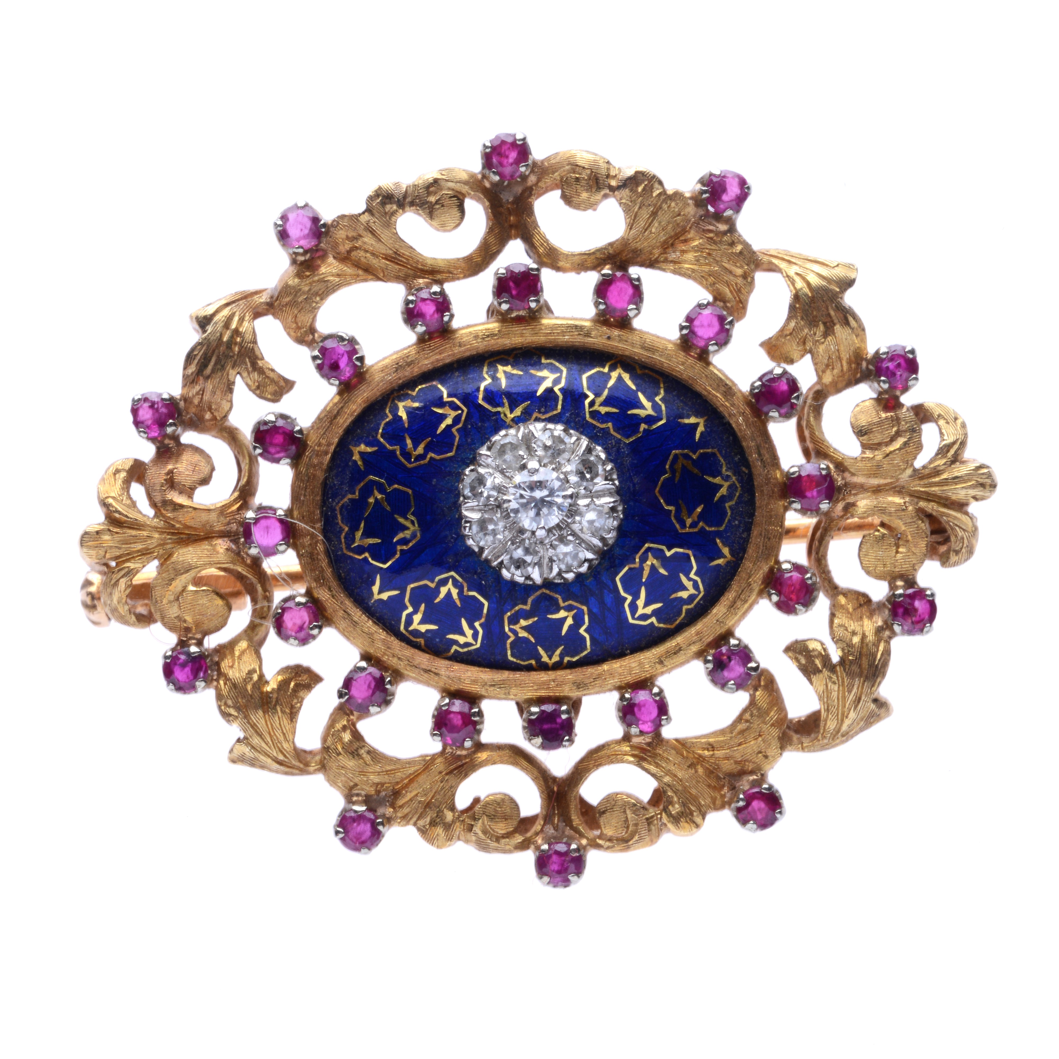 Spilla con Smalto Blu, Rubini e Diamanti.