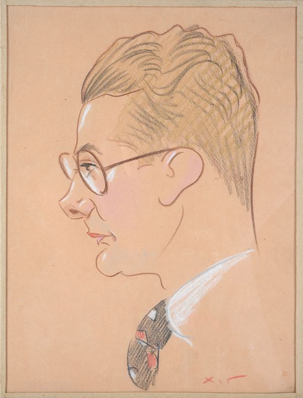 Ritratto di giovane con occhiali  - Pastelli e gessetto su carta - Asta PARODIA Una collezione di caricature - Pananti Online
