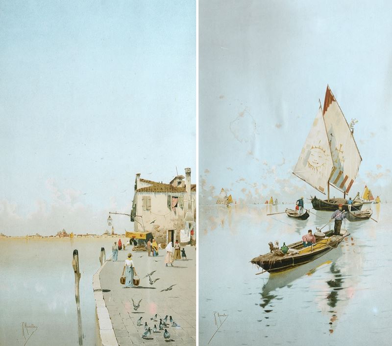 Raffaele Mainella - Coppia di Tempere su Carta - Scorci Veneziani