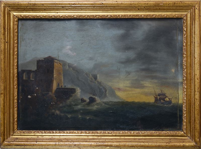 Maniera di Joseph Vernet (1714-1789) - Marina con Figure e Velieri