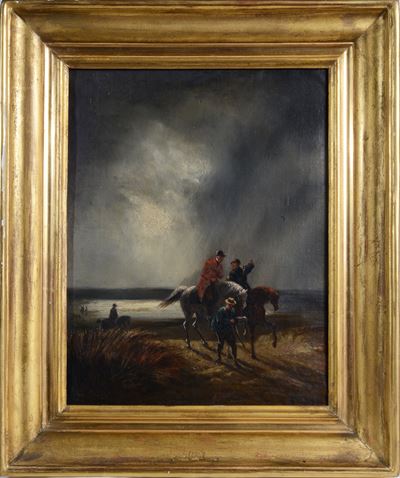 Scena Notturna con Cacciatori a Cavallo e Figure sulla Riva del Mare con Cielo Burrascoso