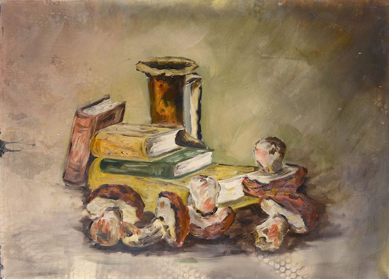 Natura morta con funghi e libri