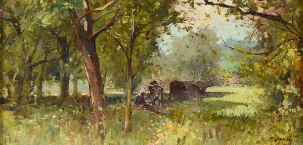 Osvaldo Curandai - Paesaggio con pastori e buoi