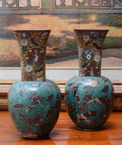 Coppia di Vasi in Metallo Cloisonnè