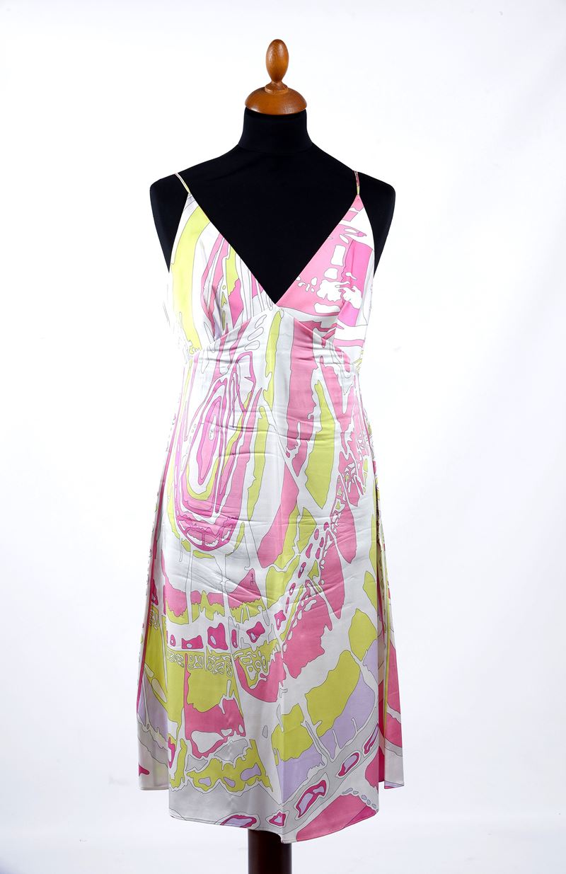 Abito in seta a stampa astratta multicolor nei toni del rosa e giallo