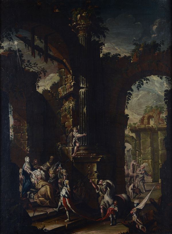 Ambito di Clemente Spera, XVIII sec. - Capriccio architettonico con Natività